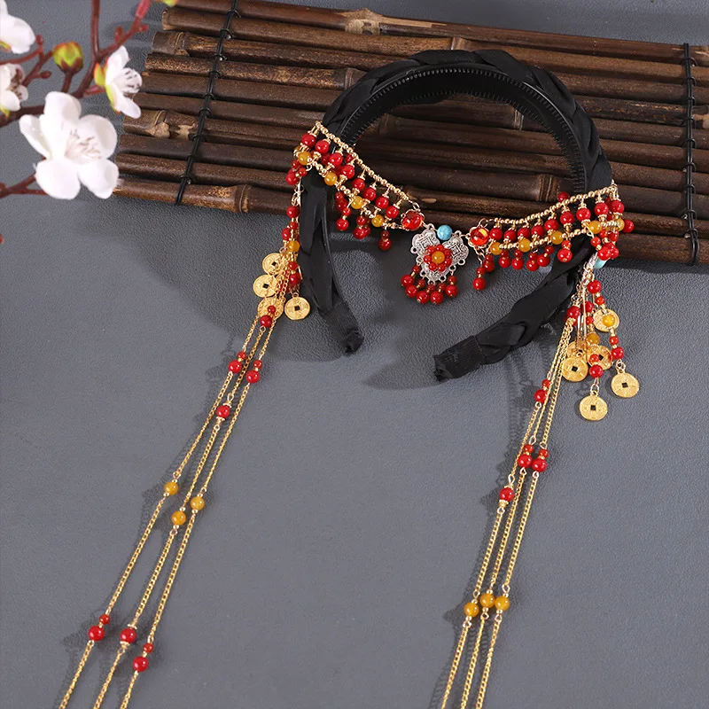 Exotic Tassel Beaded Forehead Headband Chinese Hanfu Style Boho Dangling Chain Hair Accessory For Cosplay Photo Shoot Daily Wear
