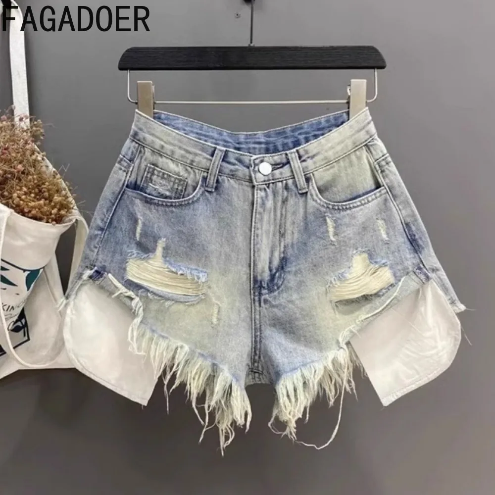 FAGADOER Fashion Hot Girl Streetwear donna vita alta bottone tasca foro a-line pantaloncini di Jeans Casual nappe femminili pantaloni Jeans