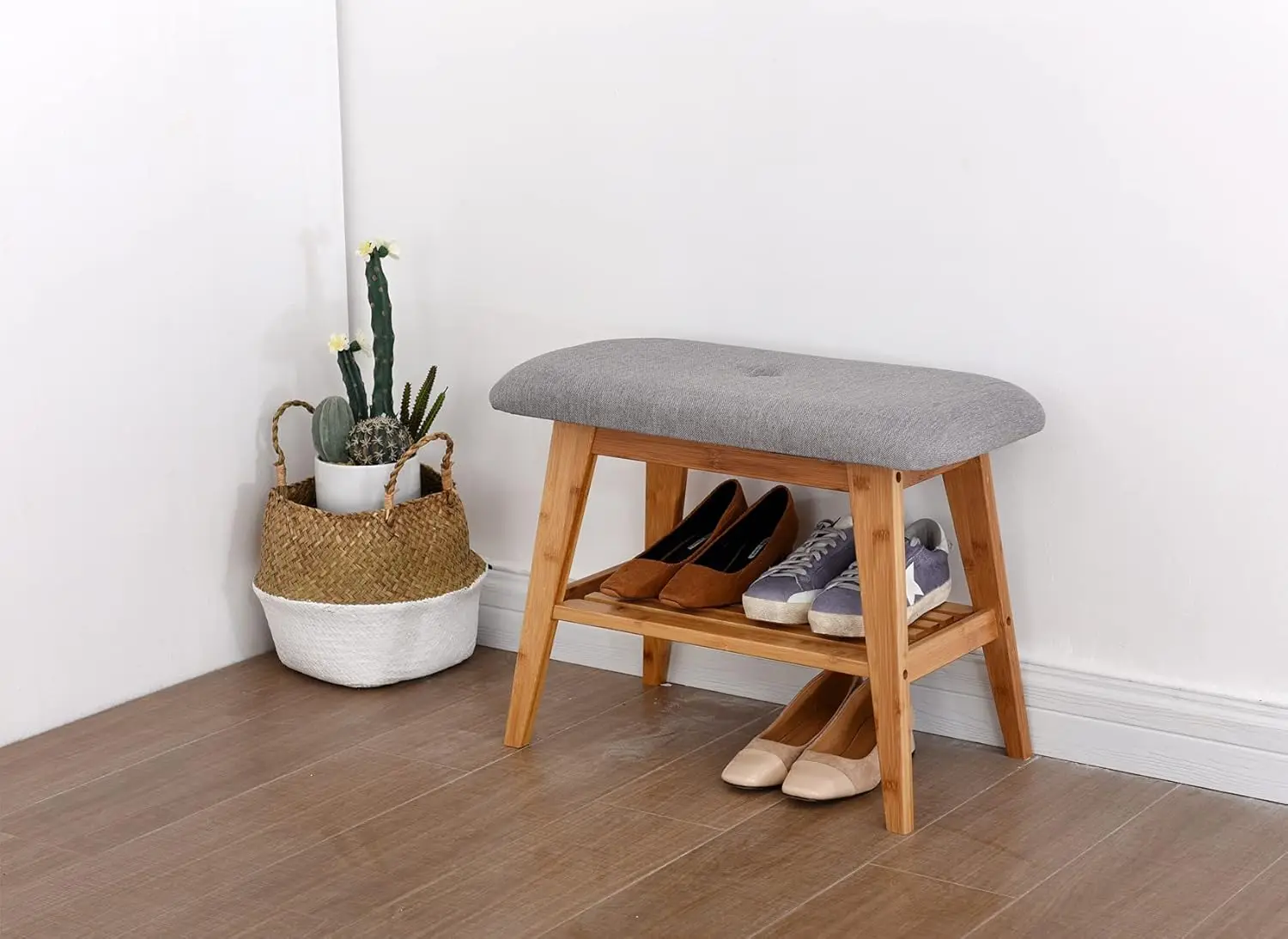 

Shoe Rack Bench, Bamboo Entryway Bench, Organizer with 2 Tier Storage, Simple Style, Good Load Bearing, Ideal for Entryway