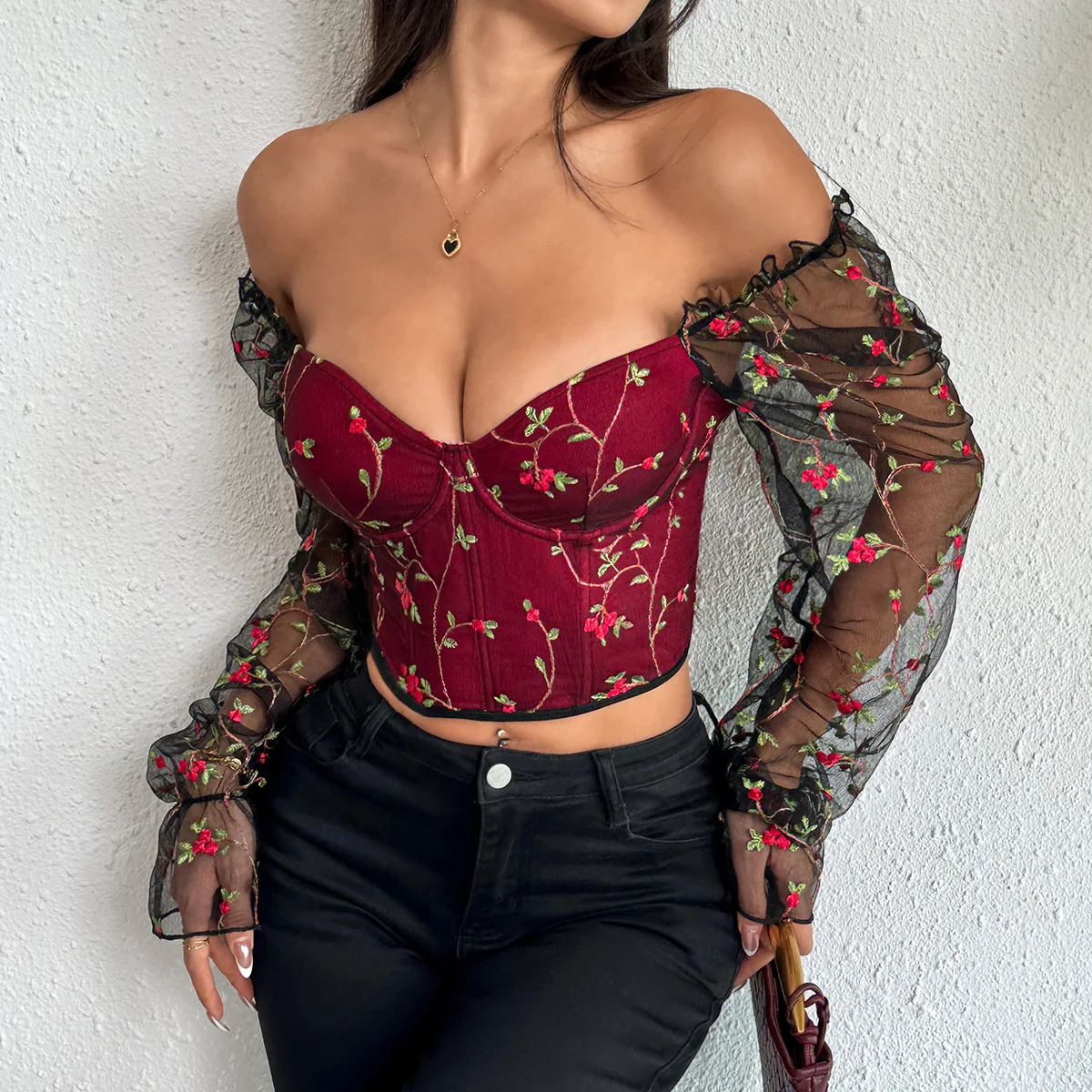 

Embroidery Flower Corset Woman Lace Up Sheer Long Sleeve Crop Tops Slim Shaper Corsets Camisole Fashion Clothing Tank Top Summer