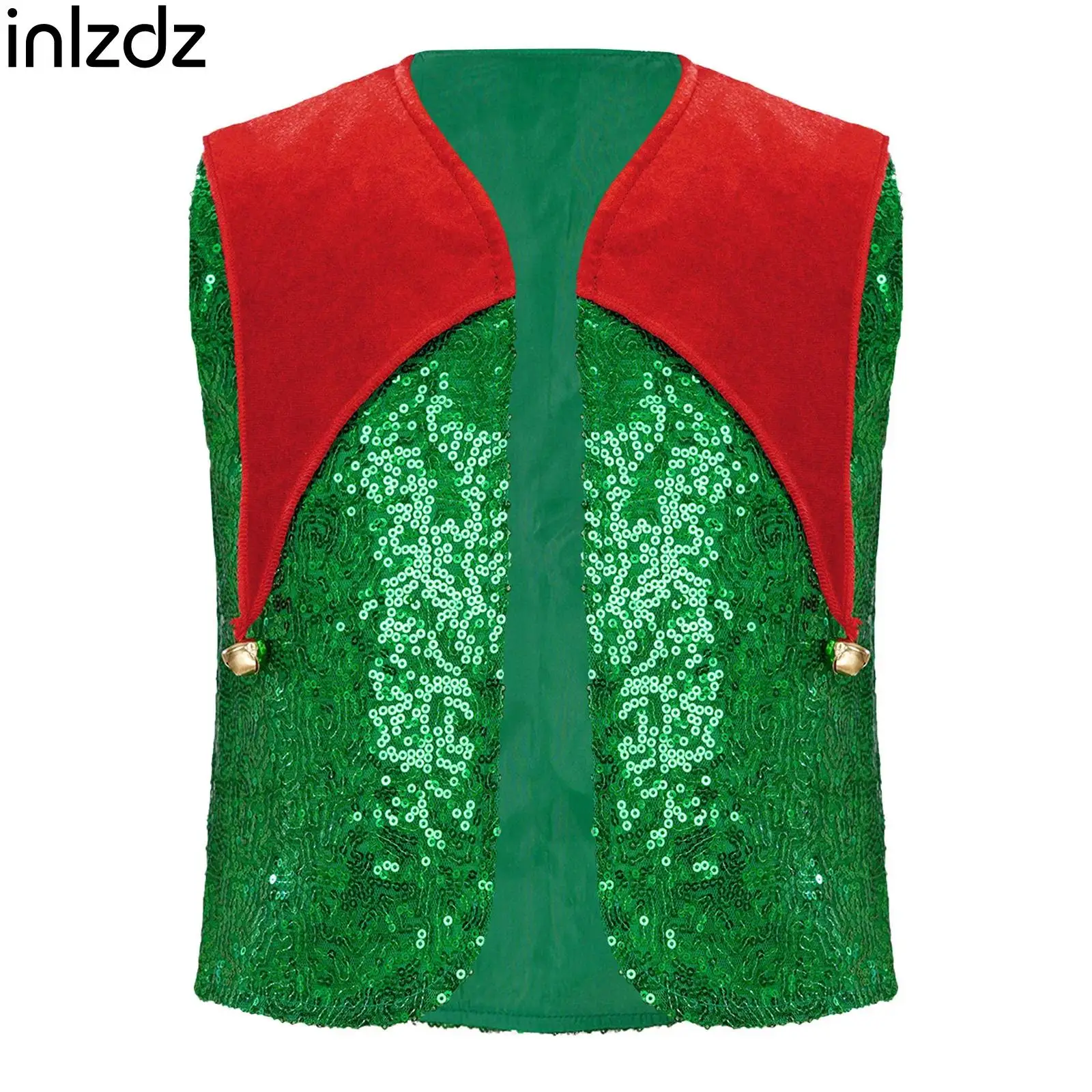 Chaleco de Navidad Unisex para Niños, Diseño de Elfo, Paneles de Terciopelo Irregulares, Lentejuelas en Forma de Campana, Frente Abierto, Bloques de Color, para Cosplay y Actuaciones