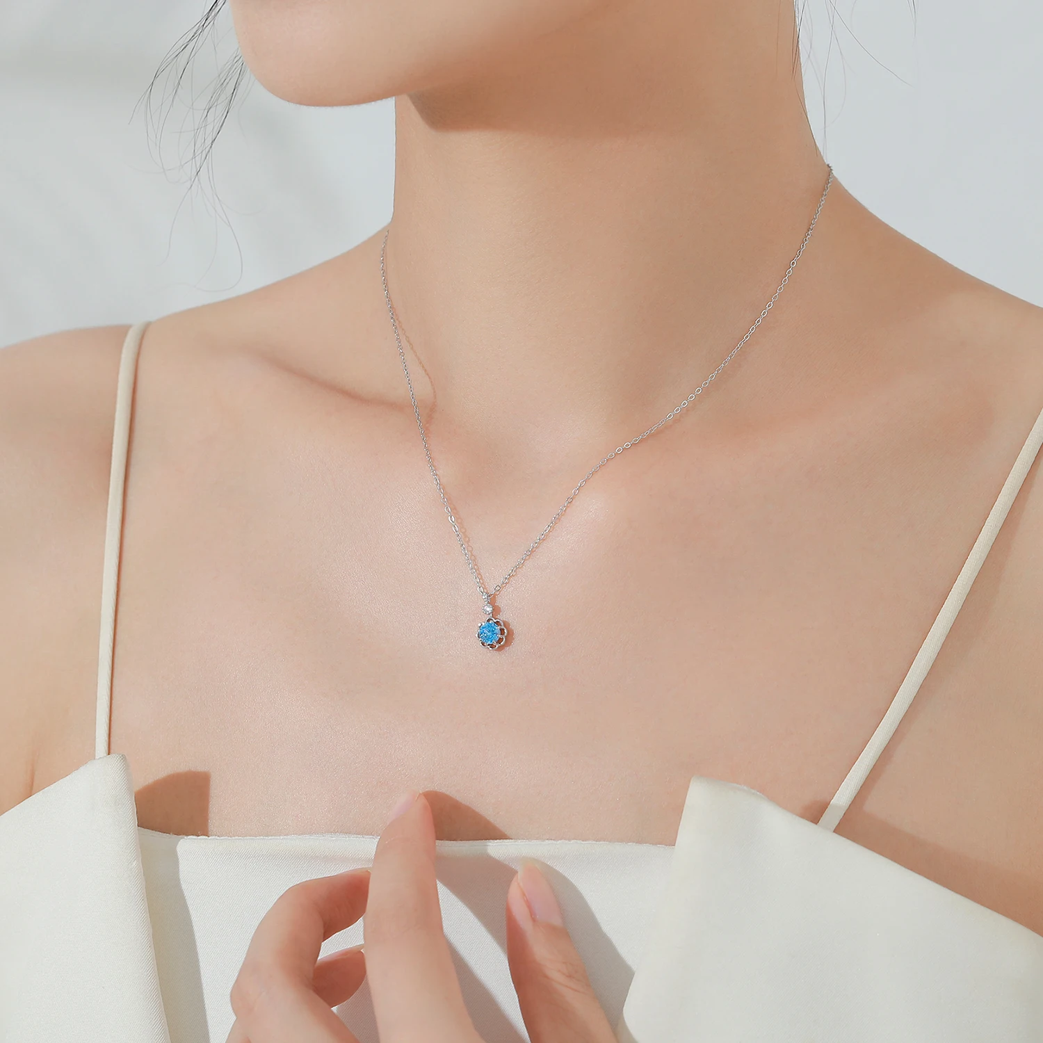 Ailmay Real 925 Sterling Silver Blue Zircon Flower Pendant Necklace For Women Holiday Or Anniversary perfect Gift 2
