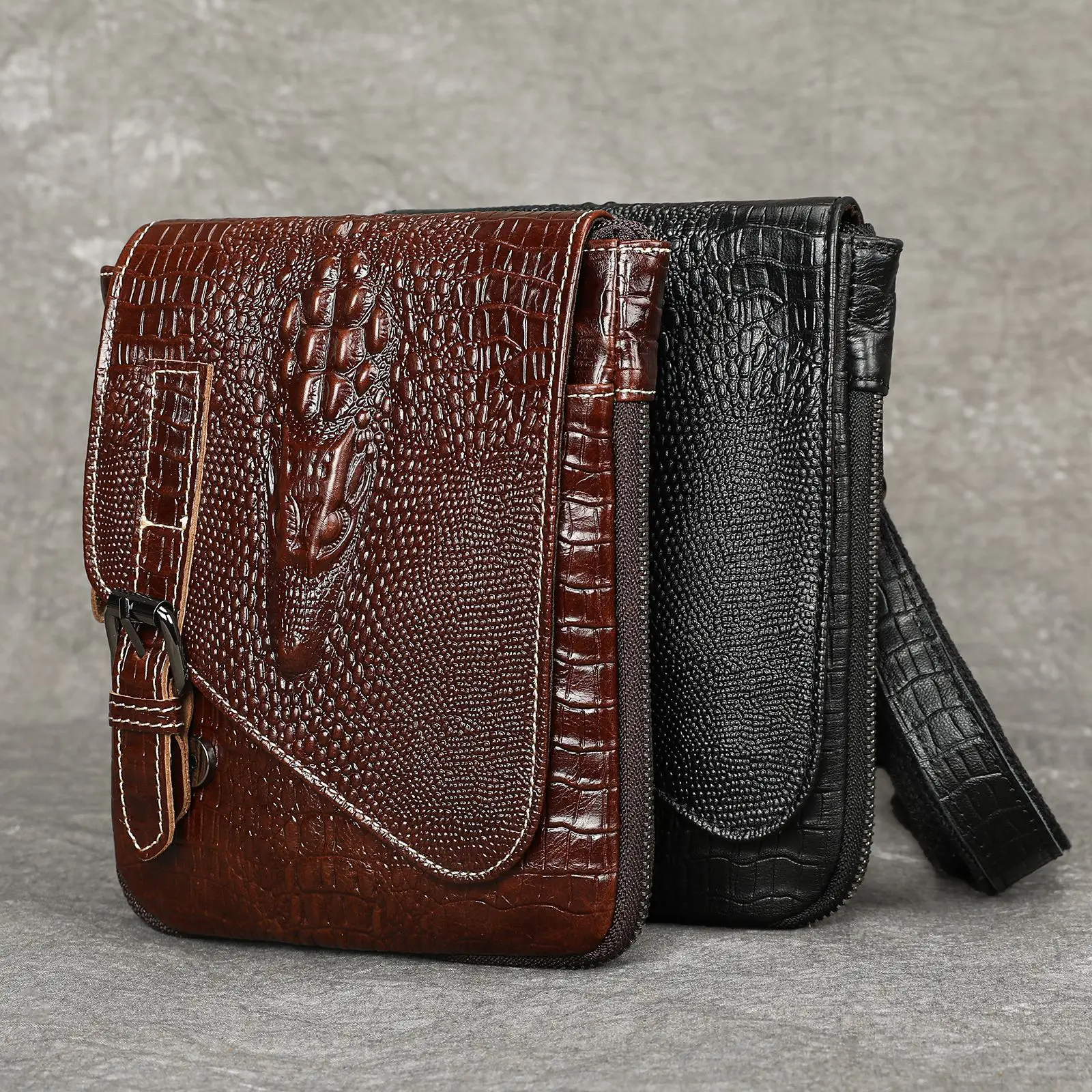 Men's Top Grain Leather Crocodile Embossed Flap Business Bag Genuine Leather Luxury Crossbody Shoulder Bag