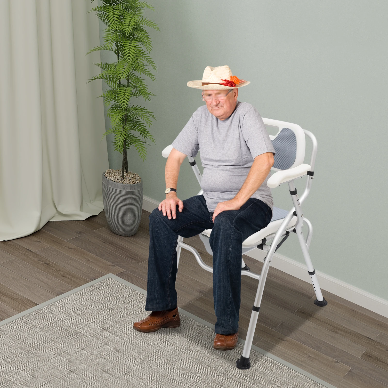 Sedia da doccia regolabile in altezza per anziani, comoda da comodino con braccioli e schienale