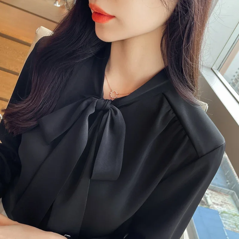 

2024 Autumn Shirt for Women Korean Fashion Long Sleeve Women's Clothing New Black Bow Lantern Sleeve Womens Tops OL Satin Blouse