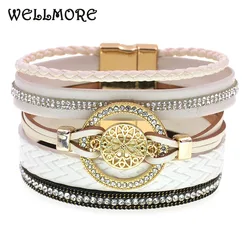 Wellmore-女性用レザーブレスレット,サマージュエリー,ラウンド,亜鉛合金,マグネット,ファッショナブル,卸売り,7色