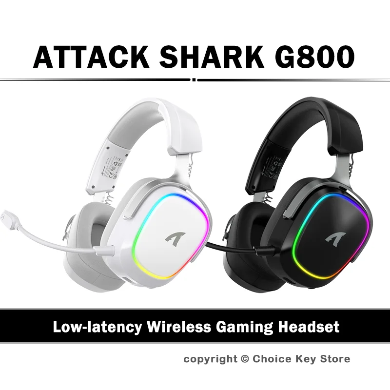 ATTACK SHARK G800 Wireless Gaming Headset, 1000 mAh, Detachable Mics, Aluminum Alloy Frame, 3D Surround Sound, 20ms Low Latency
