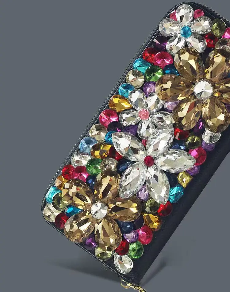 Multifunctional Women Wallet Genuine Cowhide Handbag Credit ID Card Holder Coin Pocket Crystal Rhinestones Diamond Clutch Purse