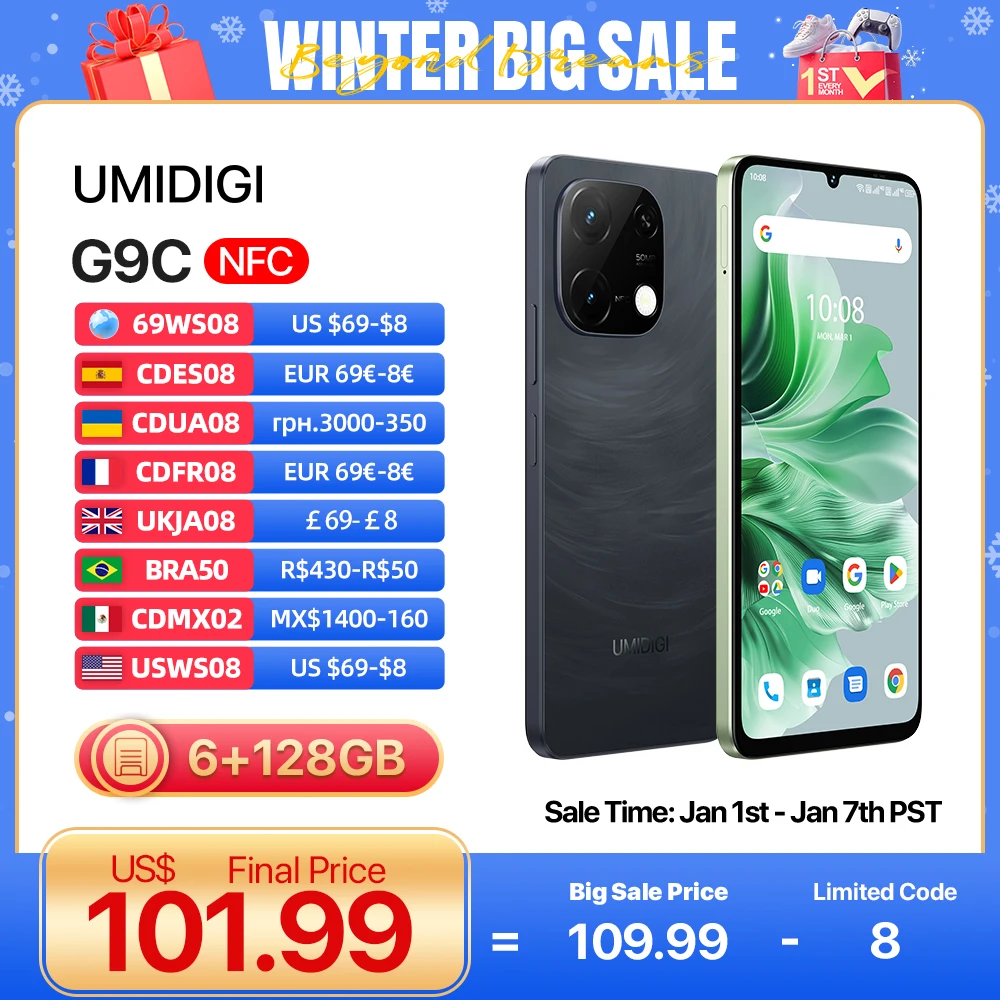 UMIDIGI G9C MTK Helio G36 Android 14 Smartphone 6+6GB 128GB 6.75” HD+ Display 50MP Camera NFC 5000mAh Dual SIM Card Cellphone