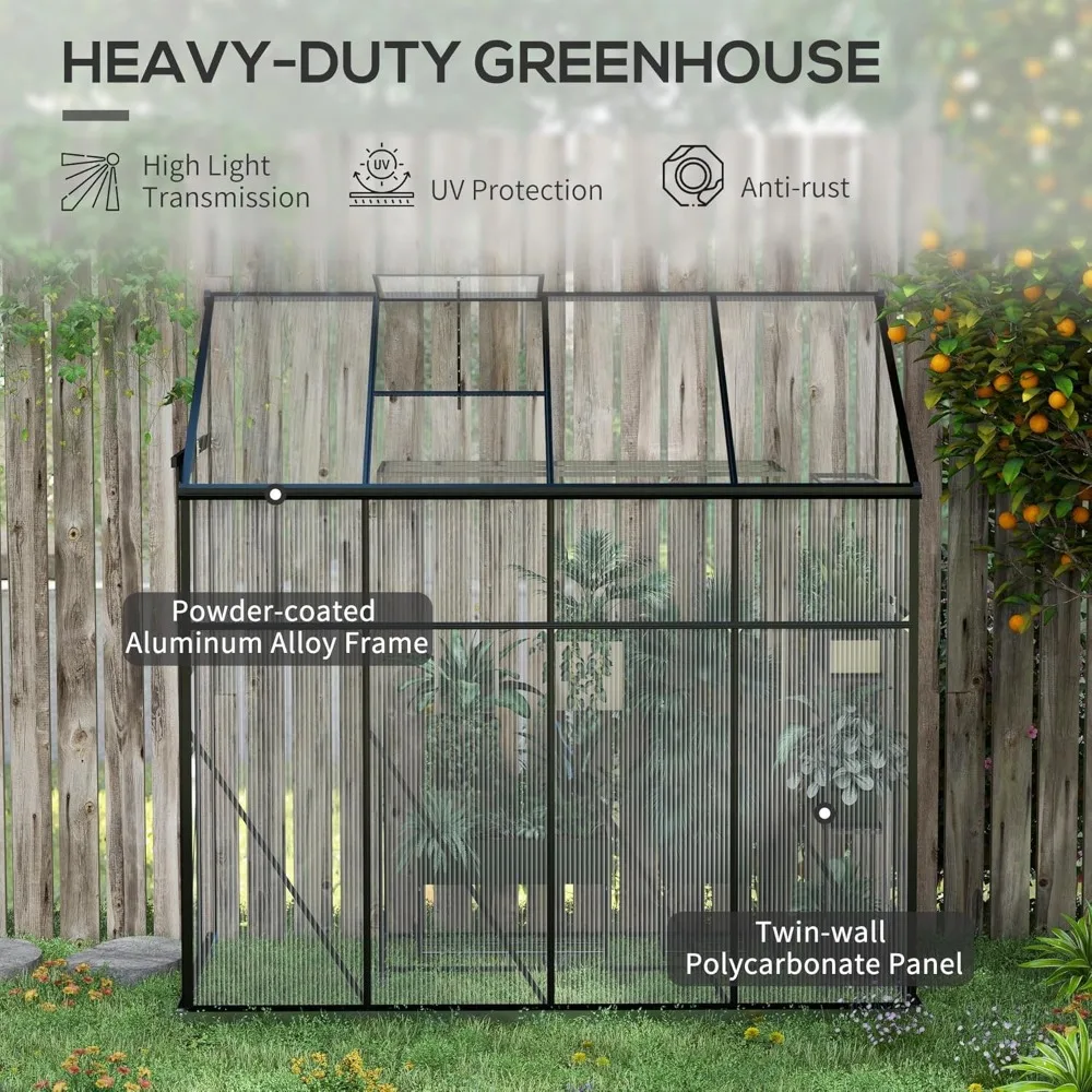 Greenhouse, Walk-in Green House with Sliding Door, 5-Level Roof Vent, Rain Gutter, Hobby Garden Plant Hot House，8' x 4'