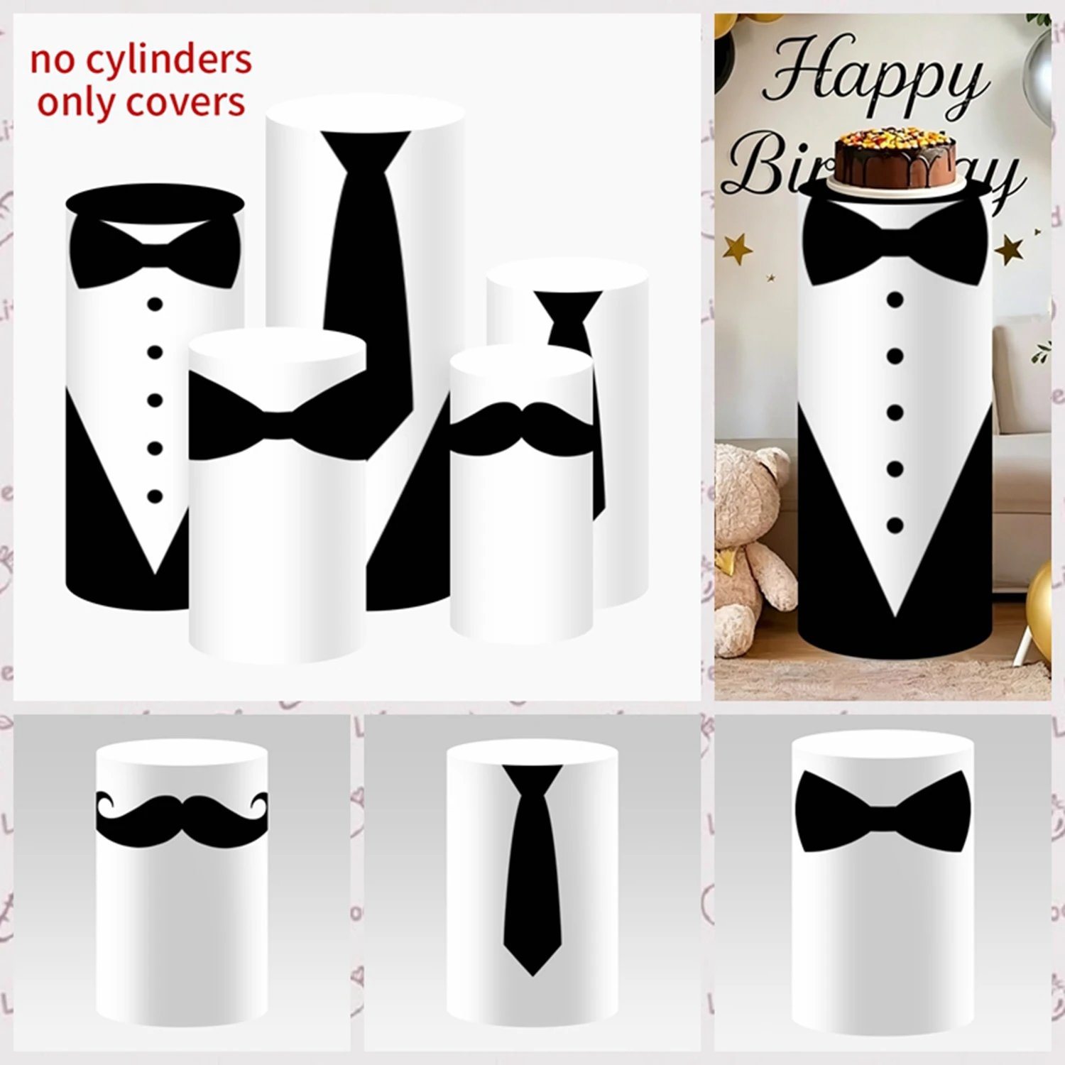 Fundas para pedestal cilíndrico con diseño de corbata de lazo de traje negro para el Día del Padre, Boss Baby, fiestas de cumpleaños, decoración de eventos, columnas de pastel y fondos.