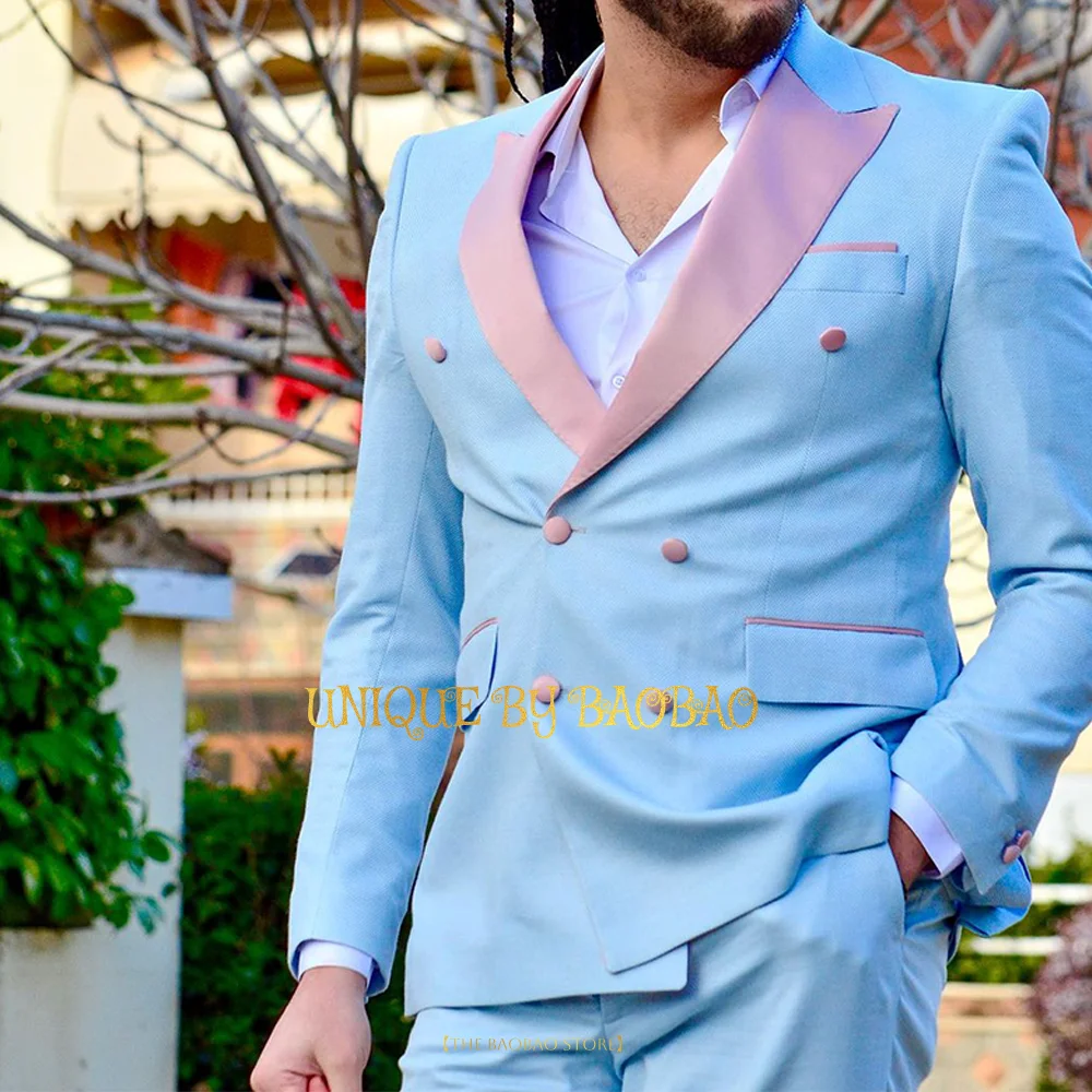 

Men's Sky Blue 2-Piece Wedding Suit (Blazer+Pants) Double Breasted Jacket With Satin Pink Peak Lapel Prom Party Homecoming Set