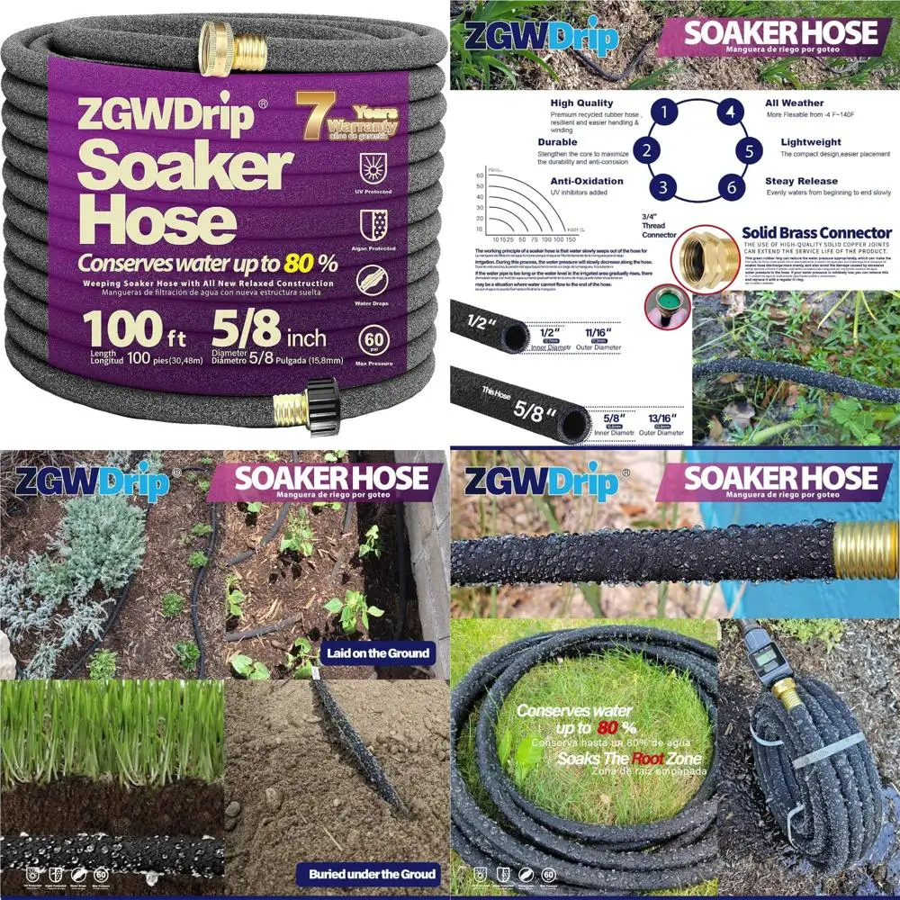

Heavy Duty 5/8 Inch 100FT Soaker Hose for Drip Irrigation - Flexible Watering System for Gardens, Lawns, Raised Beds