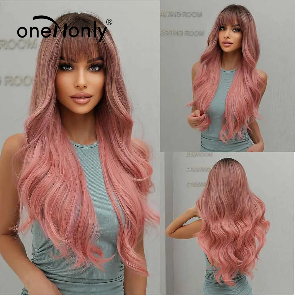 oneNonly Long Body Wave Ombre Brown Pink Synthetic Wigs with Bangs Natural Wave for Women Cosplay Natural Wig Heat Resistant