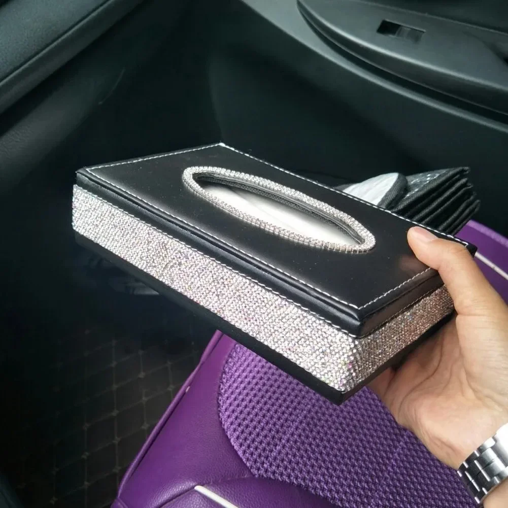 Nice Gift Black Leather Car Tissue Box with Crystals Block Type Sparkly Car Towel Paper Box Cover Case for Men and Women