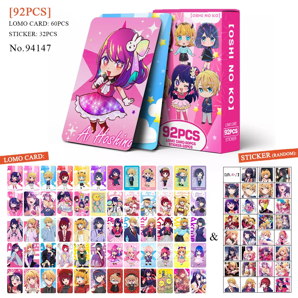 OSHI NO KO Lomo Card 1Pack/92PC 60PC Mini Cards With 32PC Stickers Japanese Anime Fan I push the kid Collection Postcards Gift