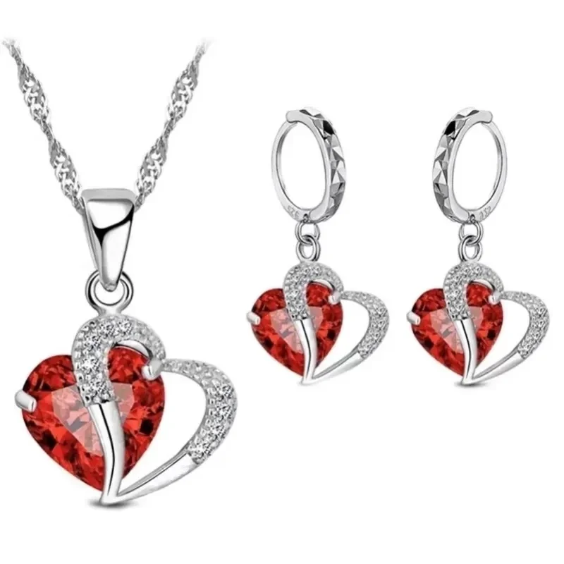 Set of 2 Metal Heart Blue Glass Stone Necklace Earrings Set Hallow Out Heart Charm Clear CZ Pink Red Black Gemstone Jewelry Set image 5