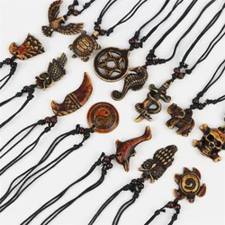 10Pcs/Lot New Vintage Turtle Elephant Owl Skull Adjustable Wooden Necklace Men Women Rope Chain Jewelry Clothes Accessories Gift