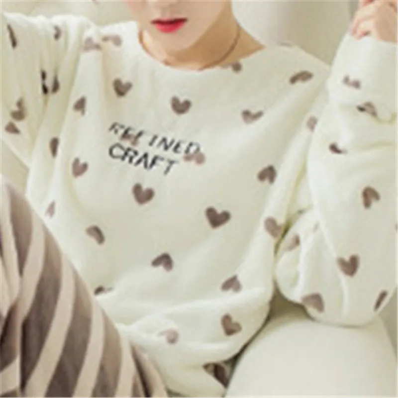 Women Pajamas Winter Long-sleeved Thickened Warm Face Cloth Coral Velvet Large Size Loose Home Clothing Padded Leisure Clothing