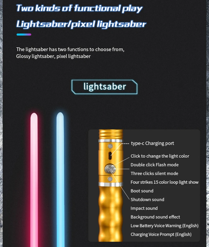 REikirc Lightsaber 15 Colors 17 Pixel Light Effects Light Saber Metal Laser Sword Rechargeable Toys Party Luminous Swords