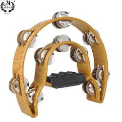 Coffee Coloured Double Decker Hand Rattle with Floral Pattern Percussion Musical Instruments Metal Bells Tambourine