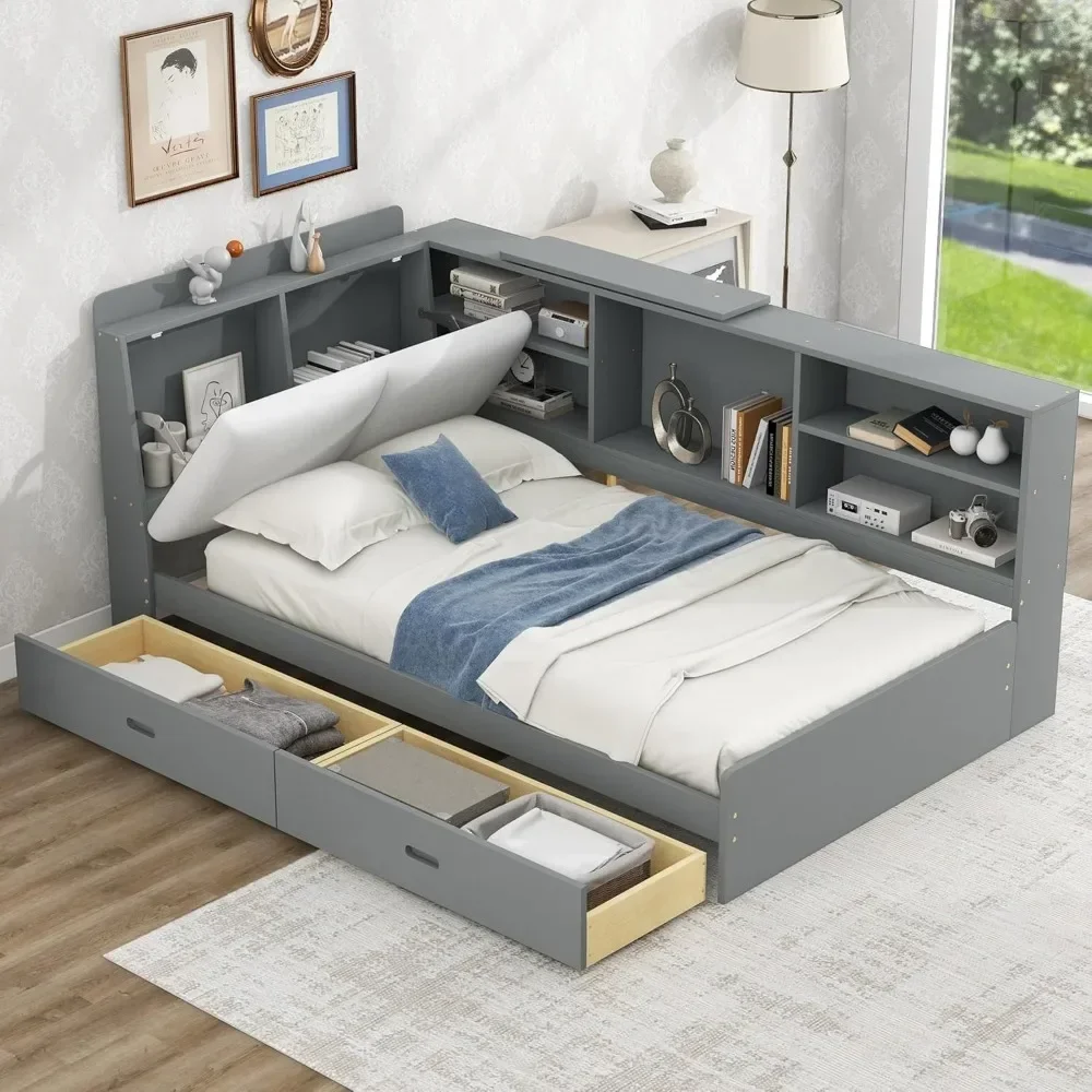 

Playhouse.Twin Size L-Shaped Daybed with Upholstered Storage Headboard and Underneath Drawers,Captains Bed with Bookcase