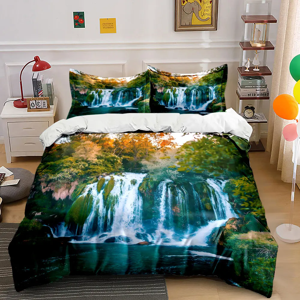 Waterfall with autumn forest scenery Bedding Set for Kids Luxury Gift 3pcs Digital Print Comforter Set Soft Comfortable