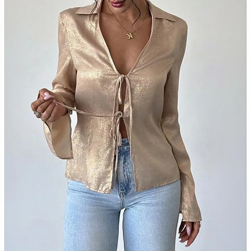 

Осенние женские рубашки, сексуальные базовые однотонные повседневные рубашки с длинным рукавом и v-образным вырезом на шнуровке