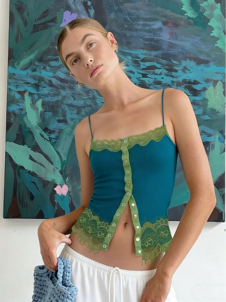 Teal Ribbed Lace Trim Cami Top Women Spaghetti Strap Split Front Button Detail Fitted Cropped Tank Street Casual Outfit New 2026