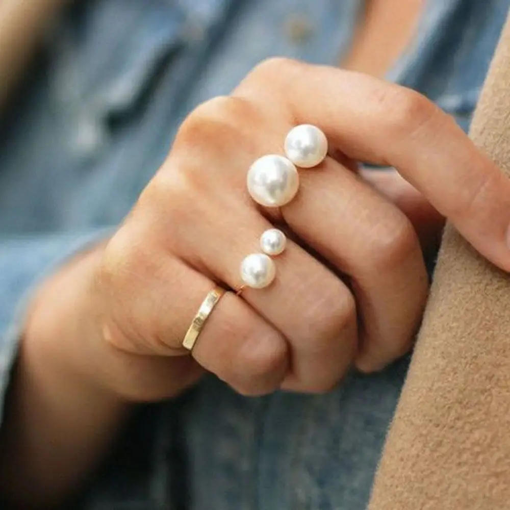 Trendy Gift Women Imitation Pearl Party Street Shoot Finger Ring Opening Ring Jewelry Fashion Accessories