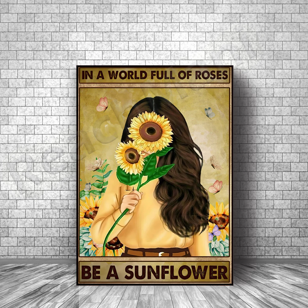 Сделайте ретро-плакат с подсолнечником, ретро-плакат с садовым подсолнечником, подарок садовнику для девочки в мире, полный роза