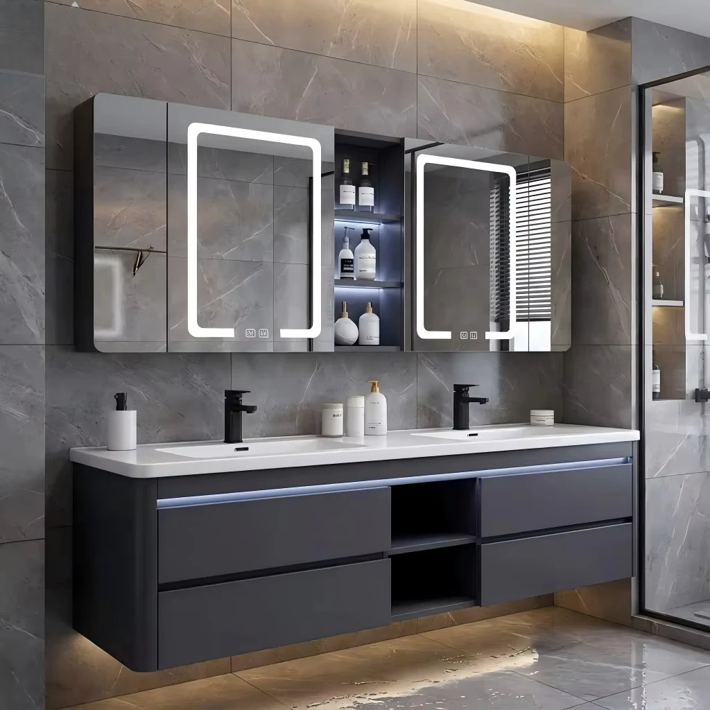 

Современная двойная раковина для ванной комнаты, туалетный столик, настенный светодиодный зеркальный шкаф, водонепроницаемая фанера