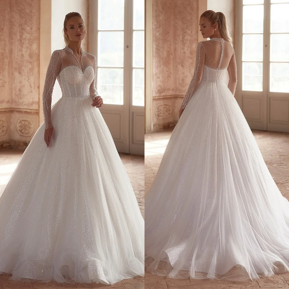

Customized Exquisite White Organza Bridal Gowns Simple V-neck Long Sleeves Sequined Wedding Dress Chapel Train Zipper Back Dress