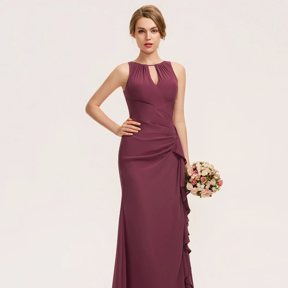 

O-Neck Bridesmaid Dresses New Elegant Side Slit Ruffles Sleeveless Prom Gowns Simple Pleat Mermaid Floor-Length Plus Size Dress