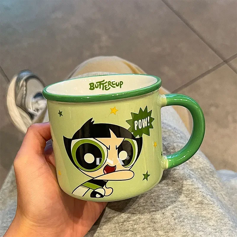 كوب سيراميك Powerpuff للفتيات مع نمط كرتوني لطيف قابل للتخصيص أدوات شرب حليب الإفطار المنزلي هدية عيد ميلاد مثالية للفتيات