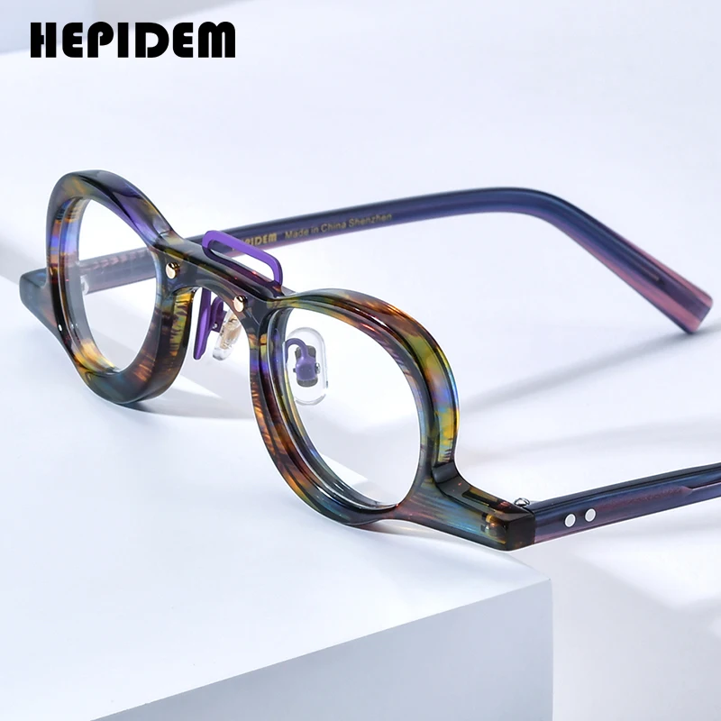 HEPIDEM Acetate Glasses Men Famous Brand Design Retro Round Women Nerd Eyeglasses Frame Iron Man Spectacles Vintage Eyewear 9175