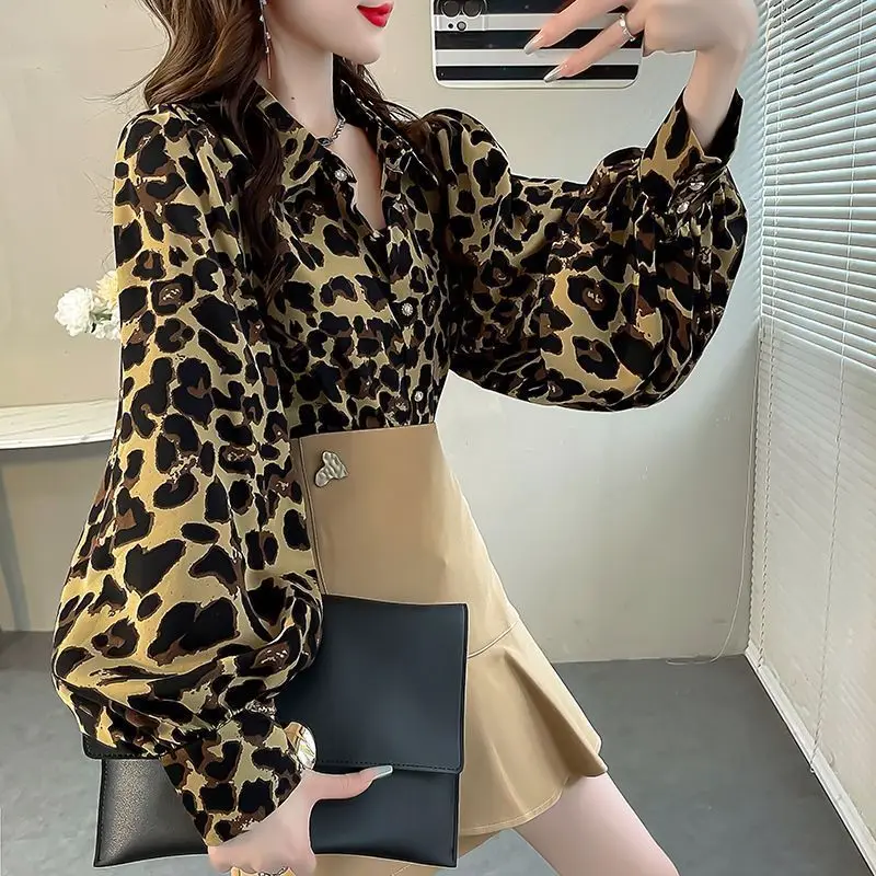 Summer New Women\'s Printed Leopard Polo Neck Shirts Fashion Korean Commute Loose Lantern Sleeve Single-breasted Chiffon Blouses