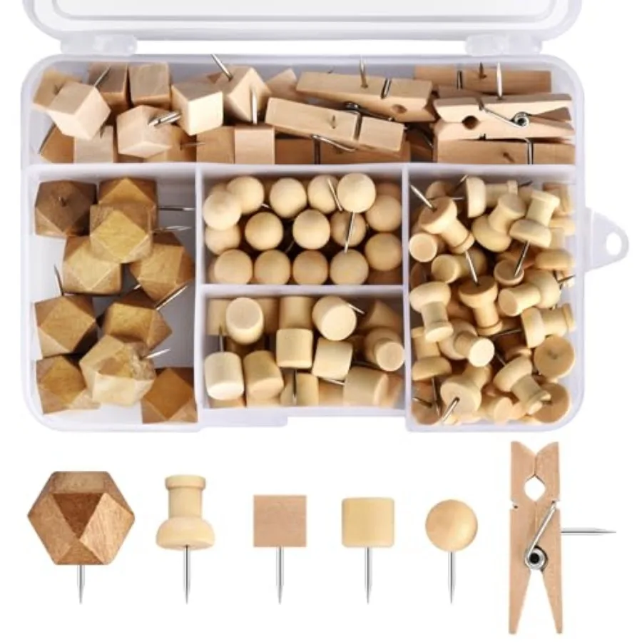 

128Pcs Wood Push Pins, Thumb Tacks for Decorative, Wooden Pins and Tacks, Cork Board Thumbtacks, Cute Thumbtack for Wall and Bu