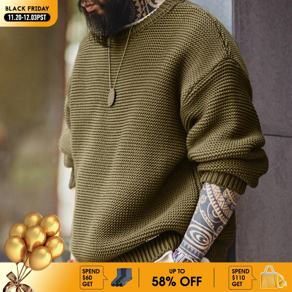 

Maden Men's Heavyweight Knitted Sweater Loose Round Neck Pullover Warm Versatile Base Layer Knitwear for Autumn and Winter