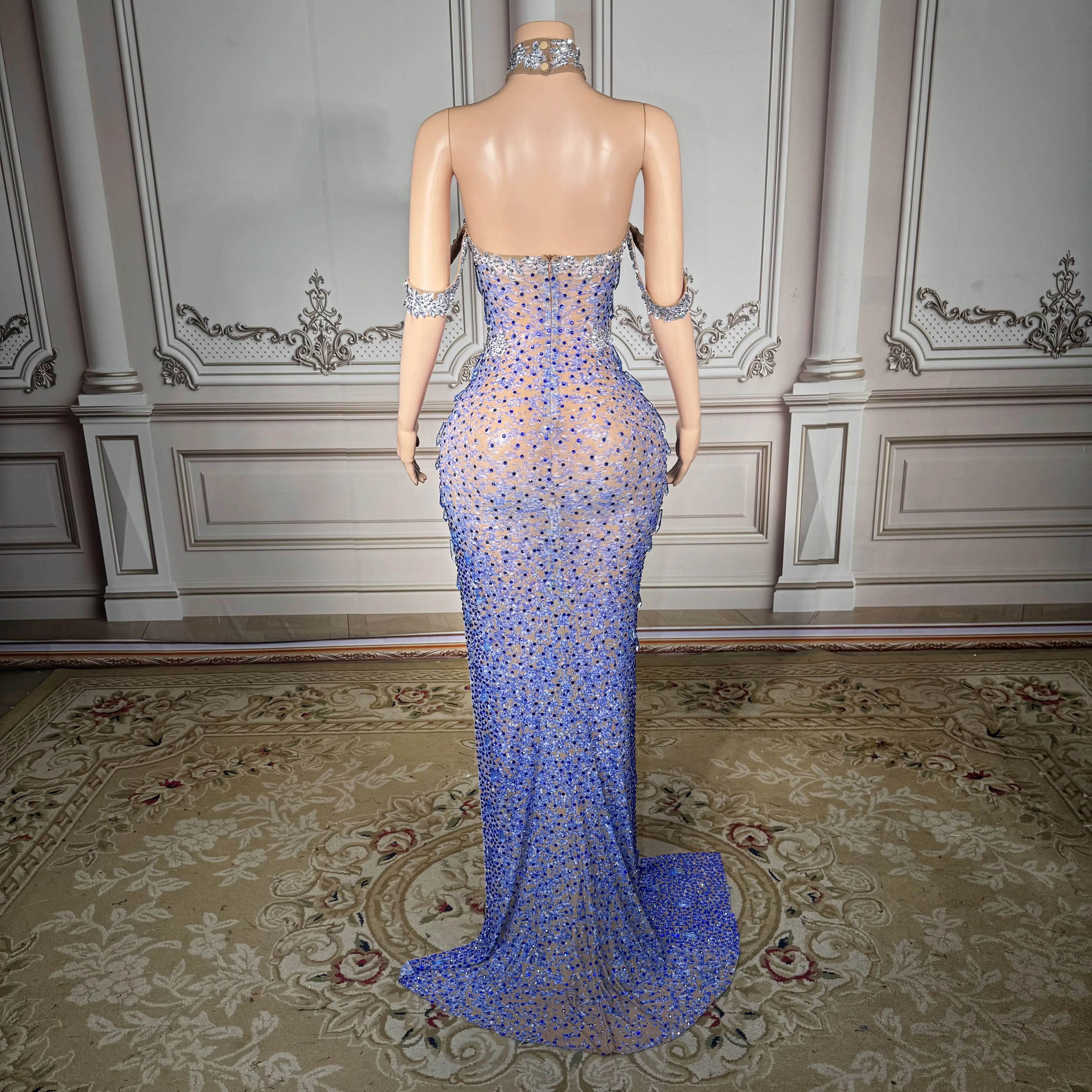 ZD, superventas, vestido de noche azul con diamantes de imitación brillantes, vestido elegante Sexy con abertura Halter, recién llegado, vestido para graduación