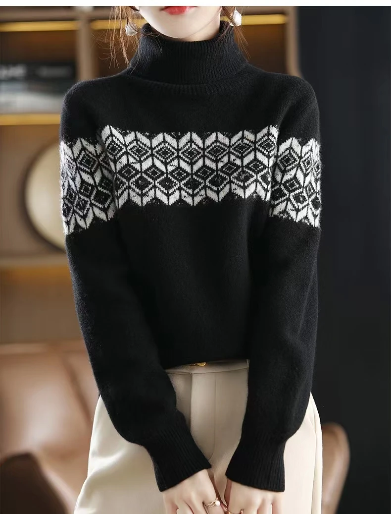 2022 autumn and winter women's new knit geometric knit turtleneck sweater pullover flabby sweater multi-color shirt long pullove