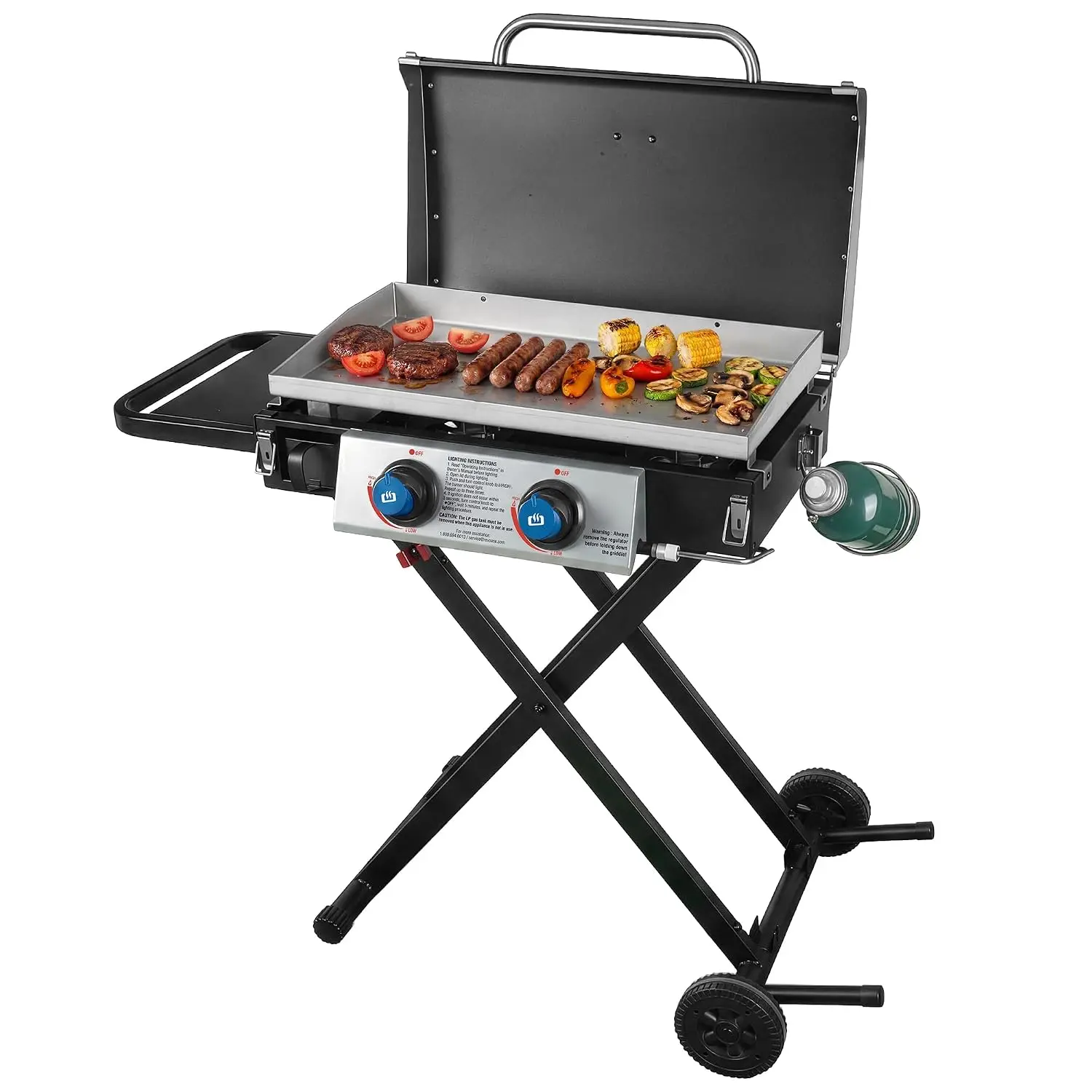 Griddle GGC2030M 25 Inch Outdoor 2 Burner Portable LP Propane Gas Grill Griddle with Top Cover, Wheels, & Storage, Customized