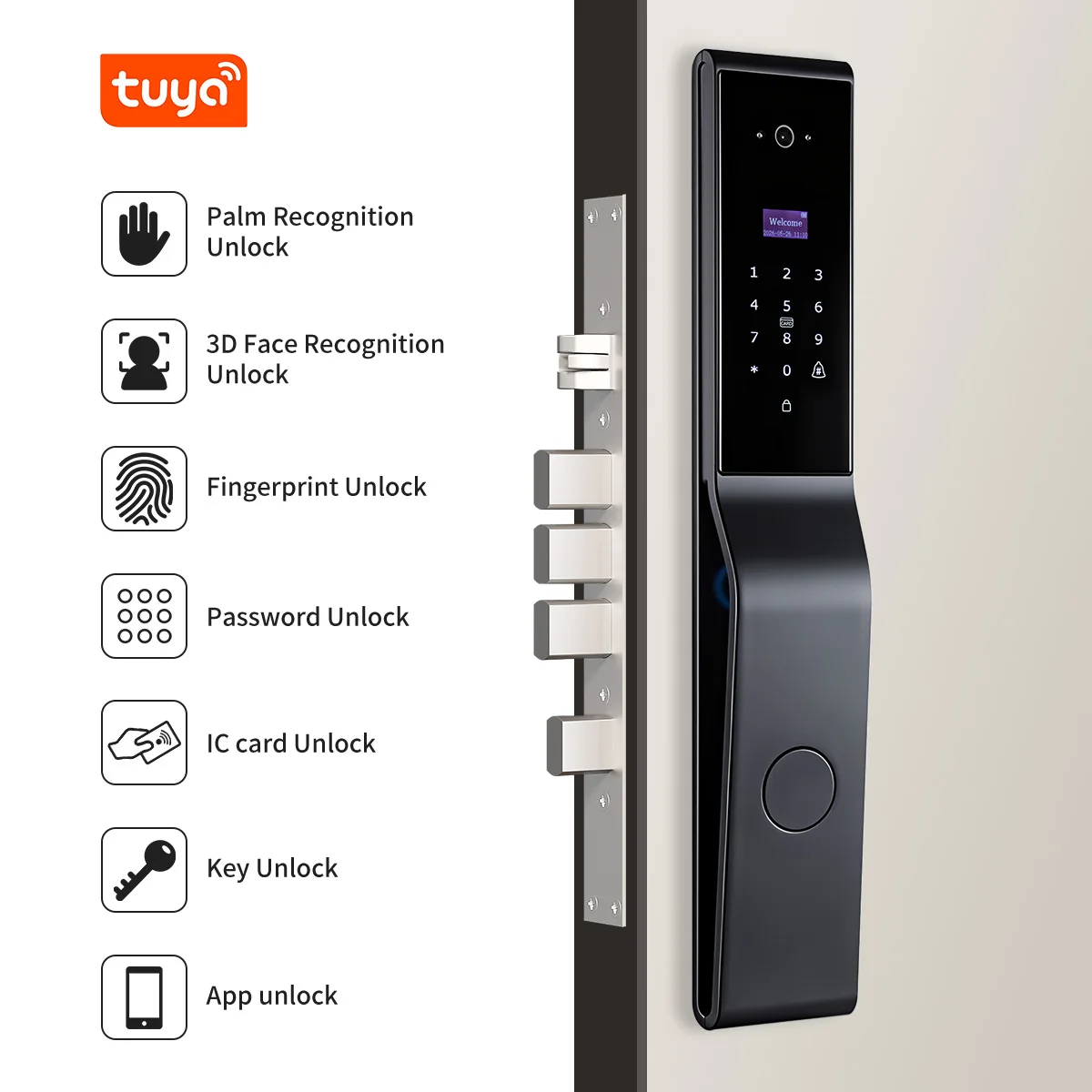 Fingerprint Face Palm Recognition Smart Lock, Camera Intercom Function, Support Tuya App, Fit 6590 6068 Mortise Lock