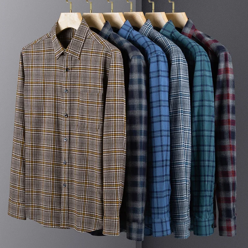 Camisas de manga larga de lijado 100% algodón de talla grande para hombre, camisa lisa informal de pata de gallo ajustada, ropa de oficina suave y cómoda