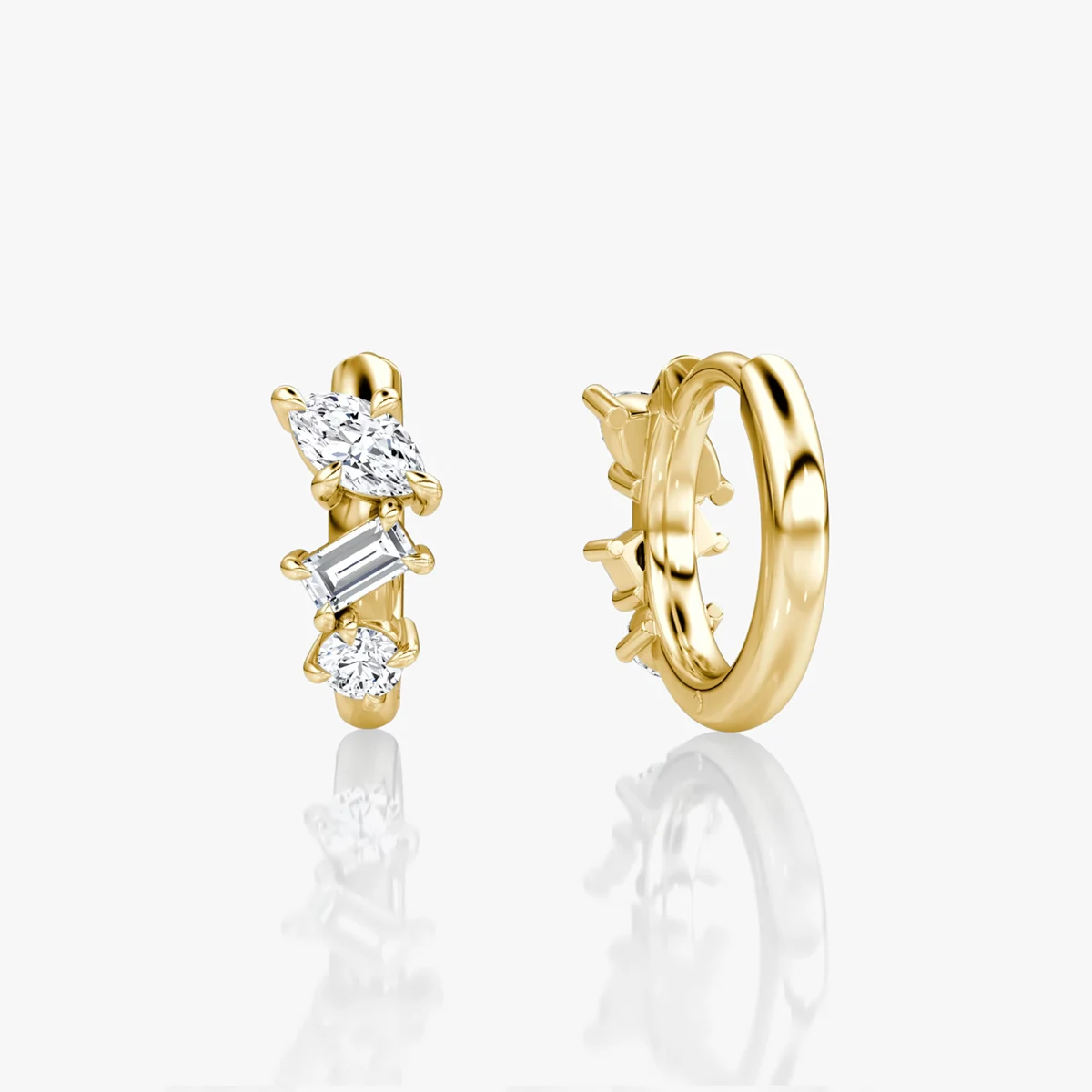 Lab Grown Diamond Huggie Hoop Earrings, Marquise Baguette Round Cut Diamond Earrings, 9K 14K 18K Solid Gold, Gift for Women
