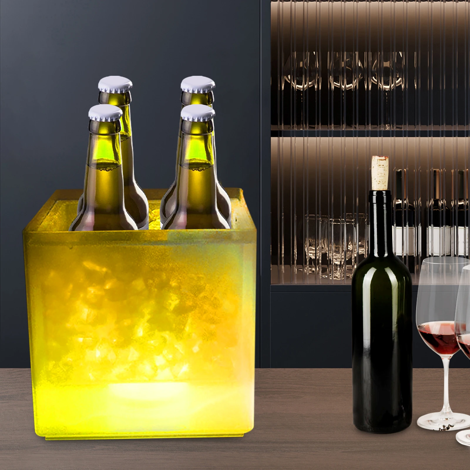 Cubo de hielo LED Cubo de hielo multicolor Cubo de gran capacidad de 3,5 L Cuerpo de cubo de doble capa Adecuado para familias, lugares de actividades