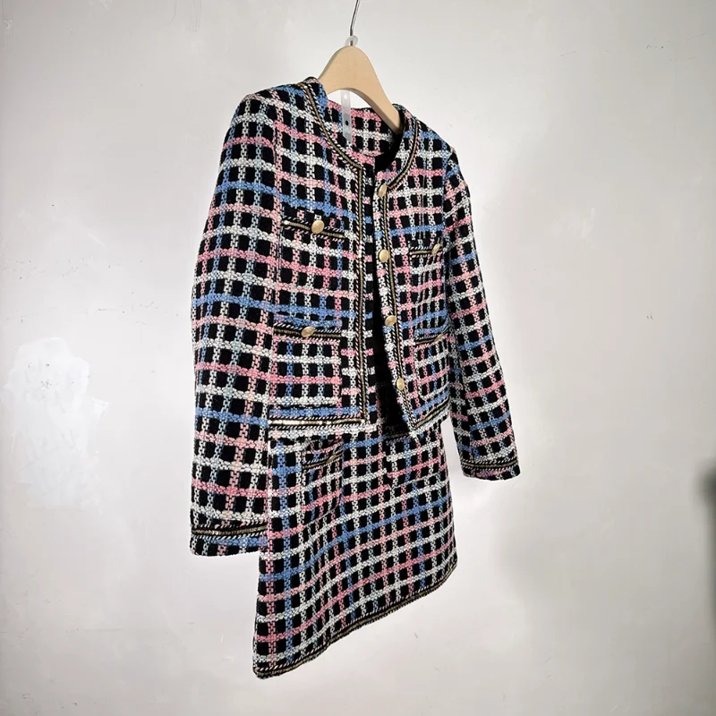 Cappotto a maniche lunghe scozzese Vintage francese da donna + minigonna abito in Tweed Casual Chic di alta qualità piccola fragranza Set da donna in due pezzi