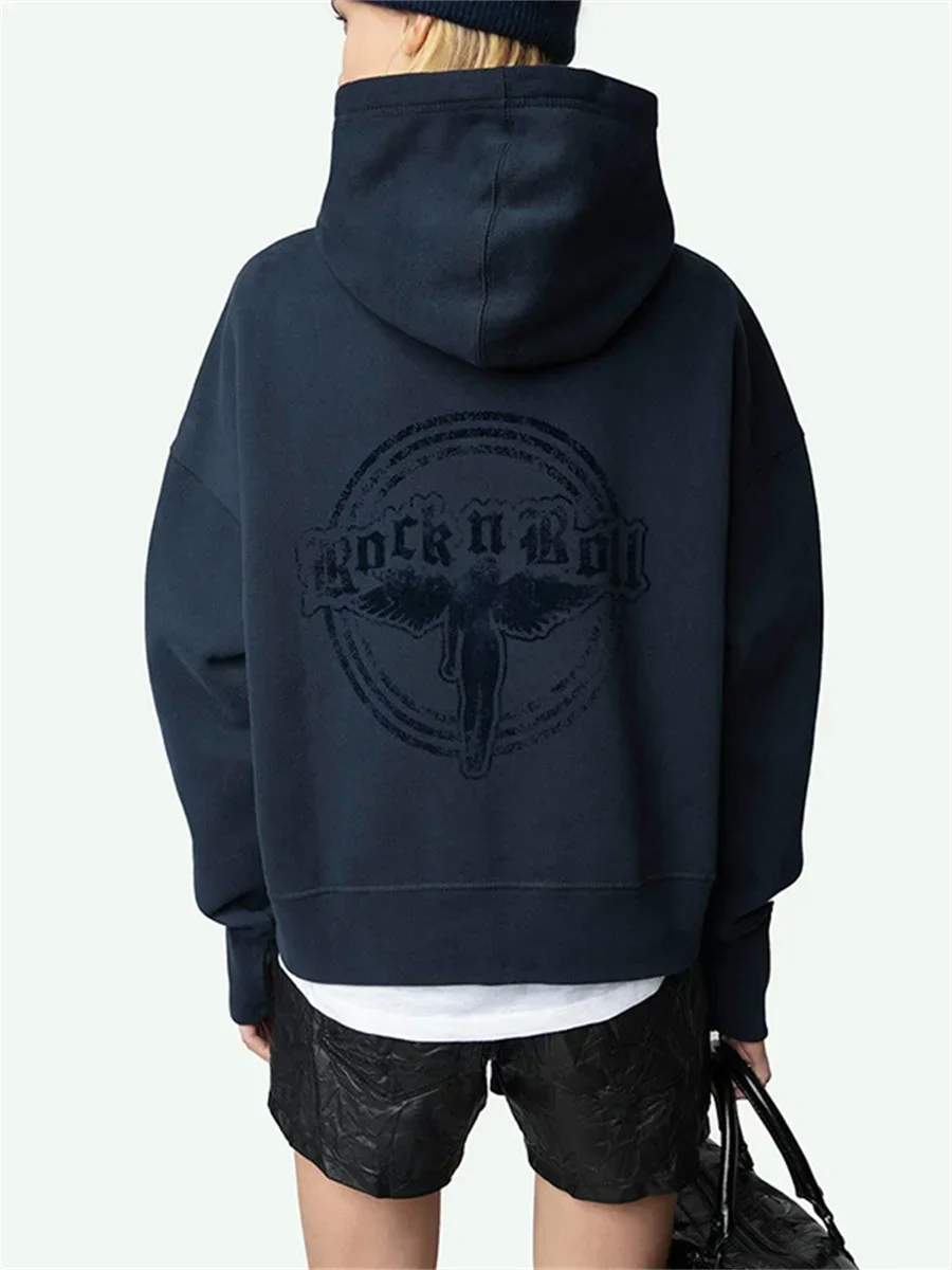 Ladie Front Wing Print Back Angel Plush Hooded Sweatshirt 2025 Spring