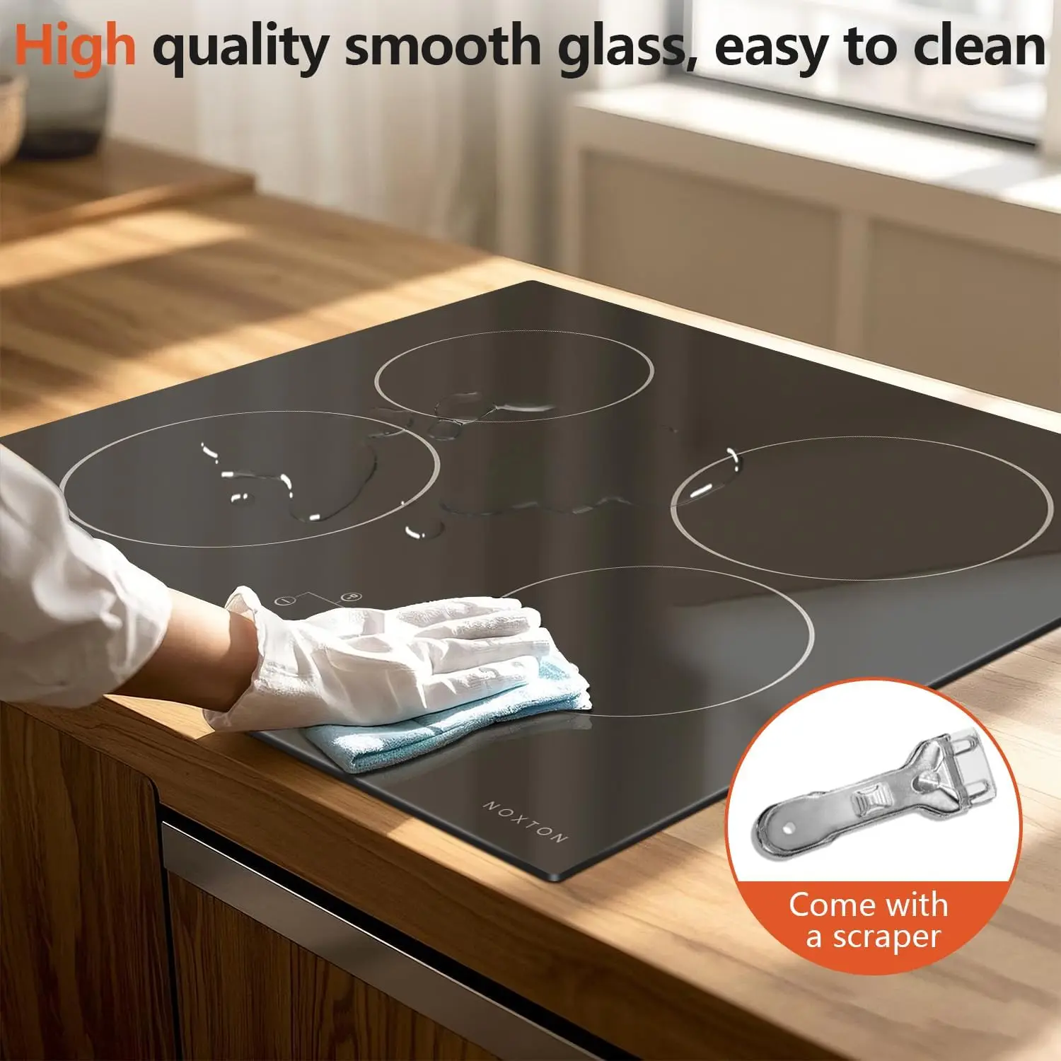 เตาเซรามิก Noxton 4 โซนไฟฟ้าในตัว 60 ซม., ควบคุมสไลด์ส่วนบุคคล, สายแข็ง, ล็อคปลอดภัย, ตัวจับเวลา 99 นาที, 6600 วัตต์, ไม่มีปลั๊ก