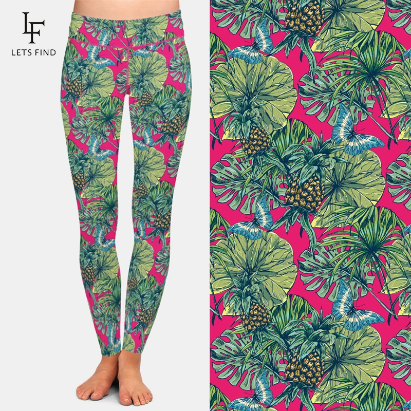 LETSFIND Fashion Workout Leggings High Elastic Milk Silk Pineapple Printed Casual Soft Leggings High Waist  Pants